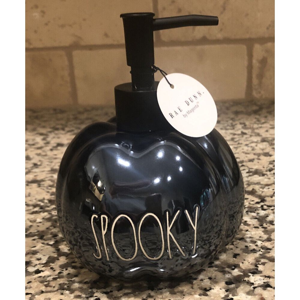 New Rae Dunn Halloween SPOOKY Black Luster Pumpkin Soap Lotion Dispenser